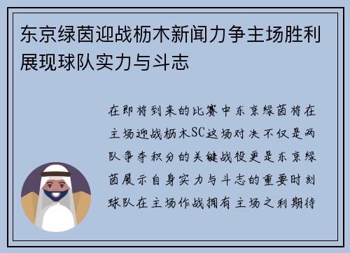 东京绿茵迎战枥木新闻力争主场胜利展现球队实力与斗志